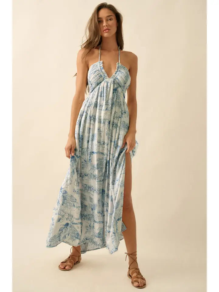 Scenic-Print Toile Tie-Back Halter Maxi Dress