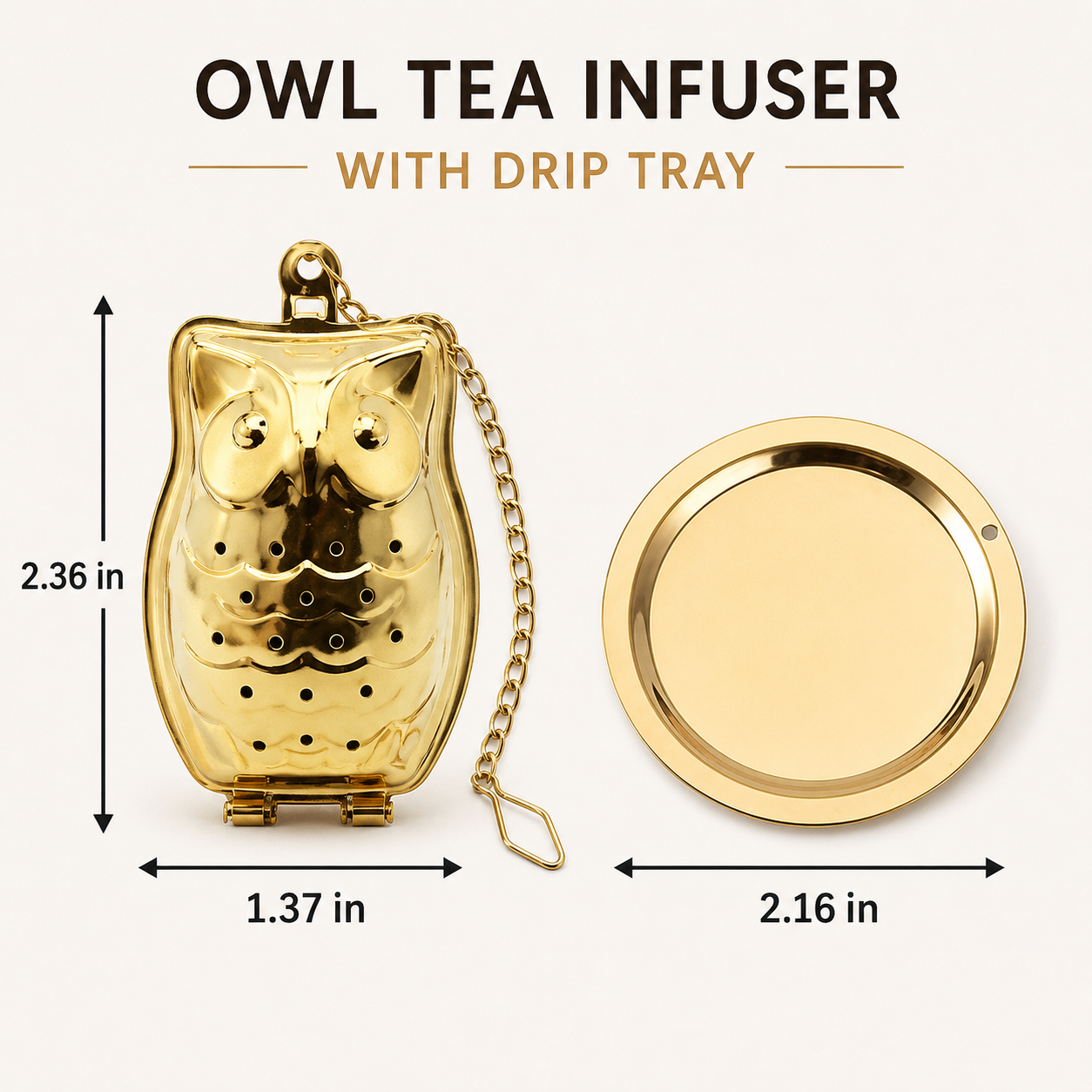 Gold Owl Tea Infuser w/ Drip Tray | Stainless Steel Strainer