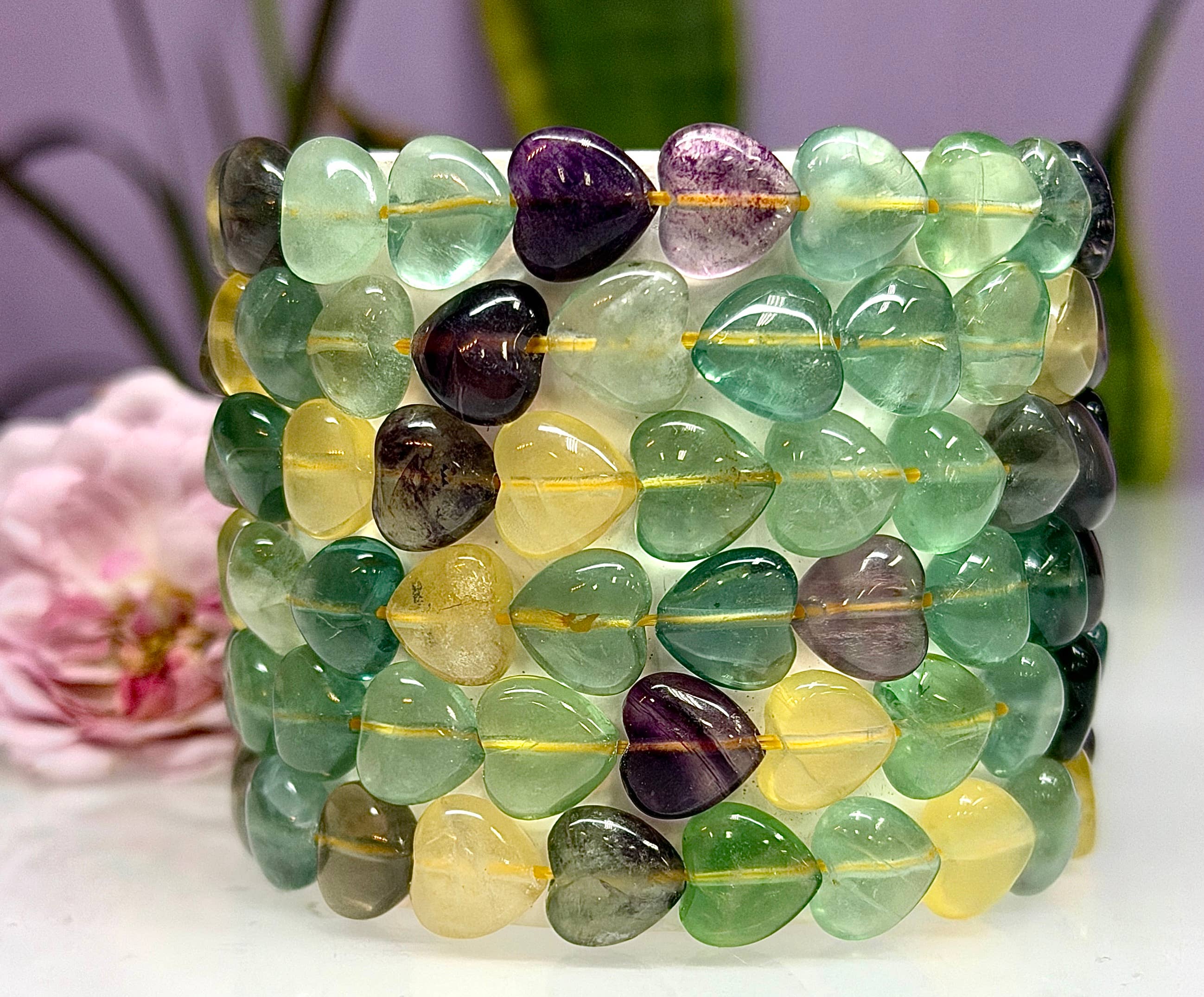 Natural Fluorite Heart Crystal Stretch Bracelet 7.5”