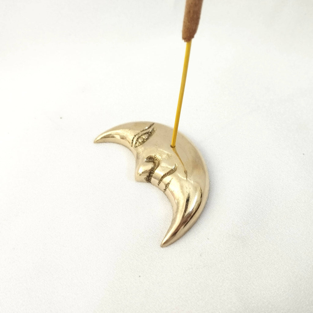 Solid Brass Incense Holder Moon With Face 5,5 x 4 cm