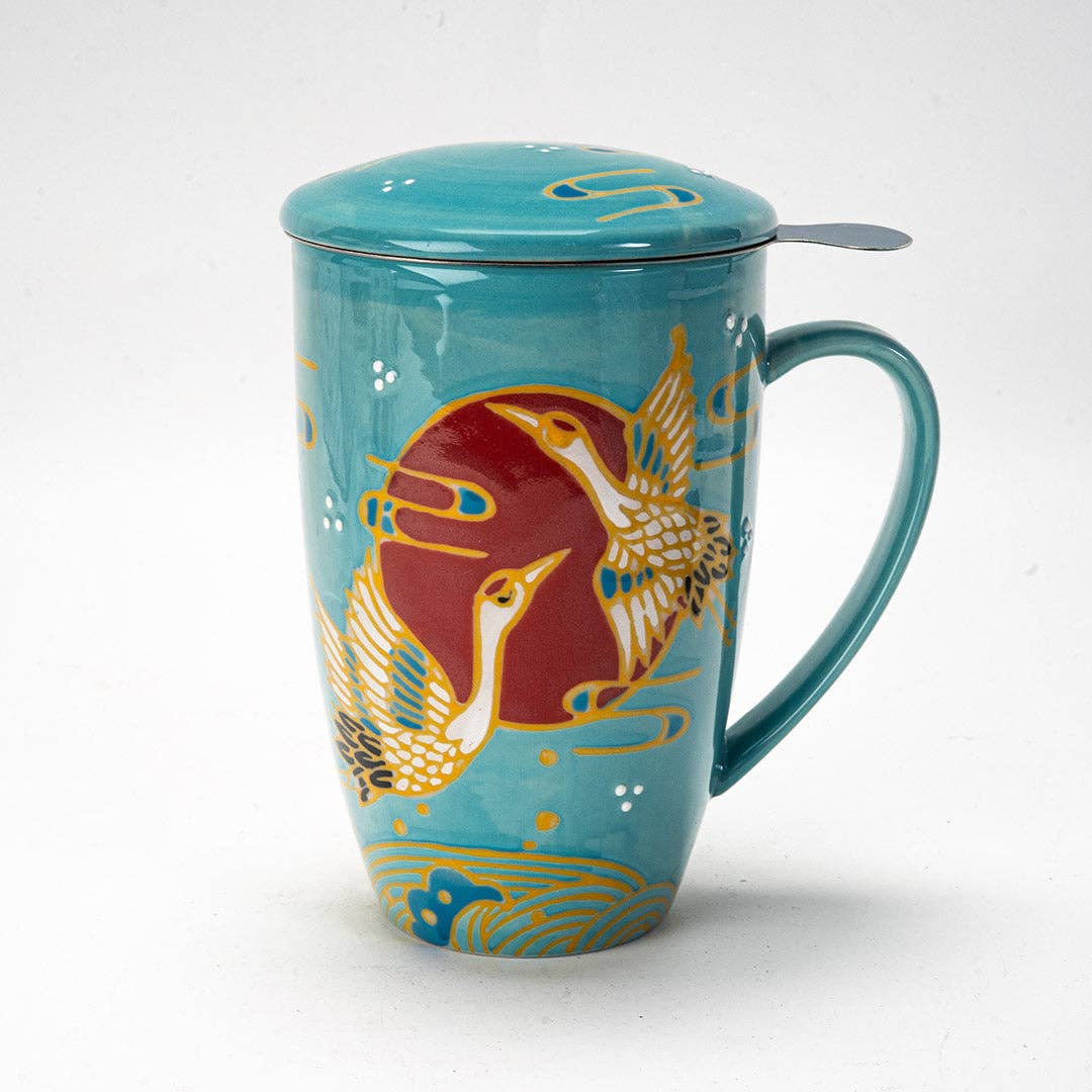 Japanese Crane Design 15oz Tea Mugs with Lid and Infuser for Loose Leaf Tea (4/32)