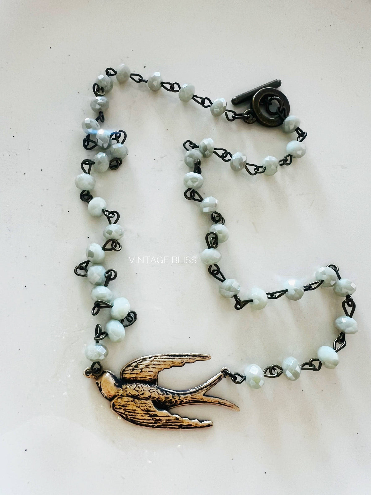 Fly Away Sparrow Brass Patina Beaded Chain Necklace