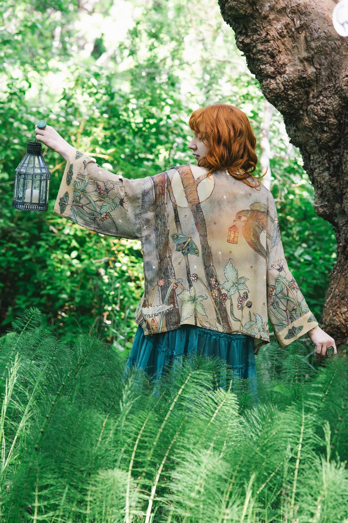 Lovelight Pixie Cropped Kimono w/ woodland swallow & stars
