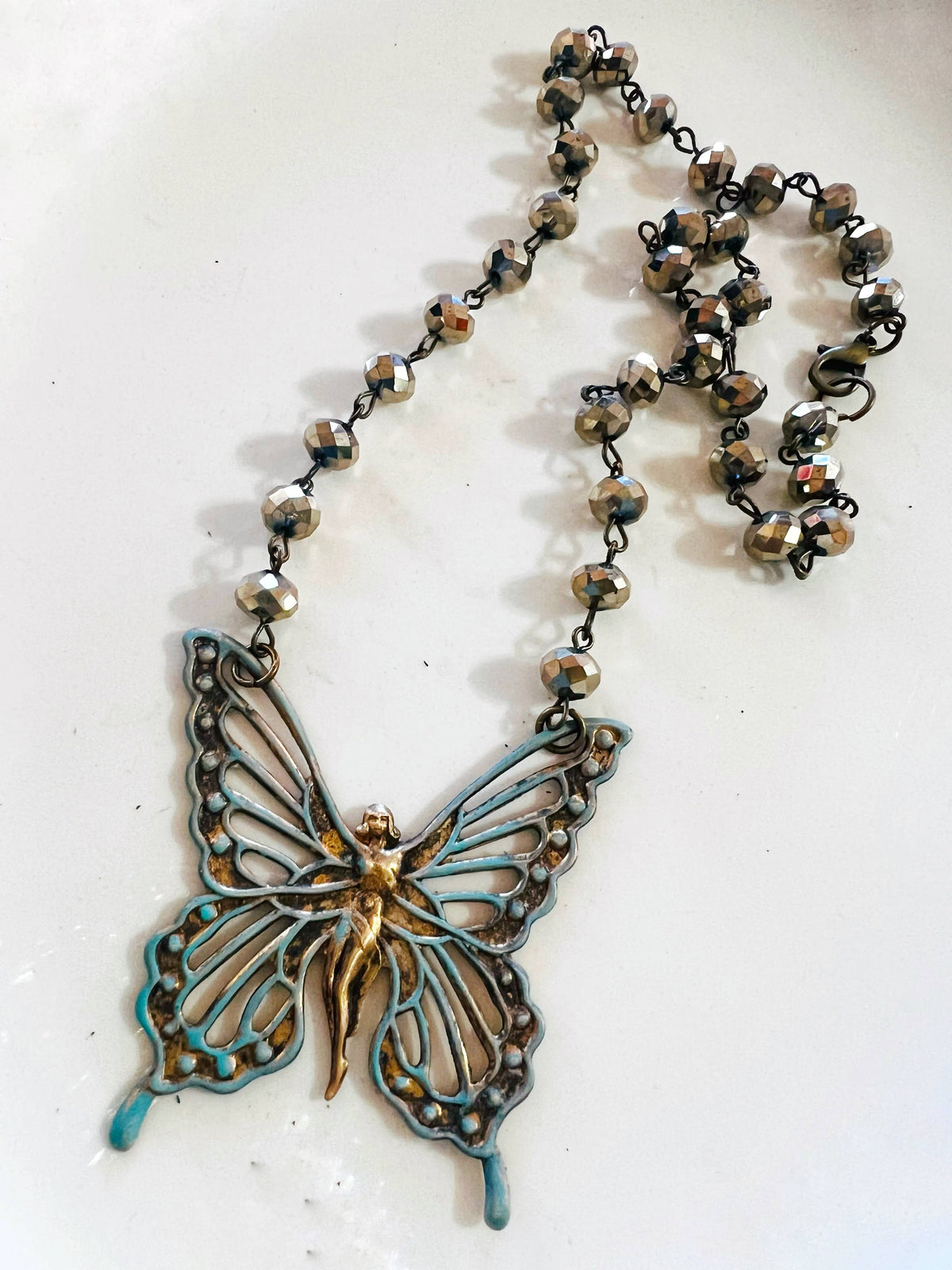 Brass Patina Boho Fairy Butterfly Beaded Chain Necklace