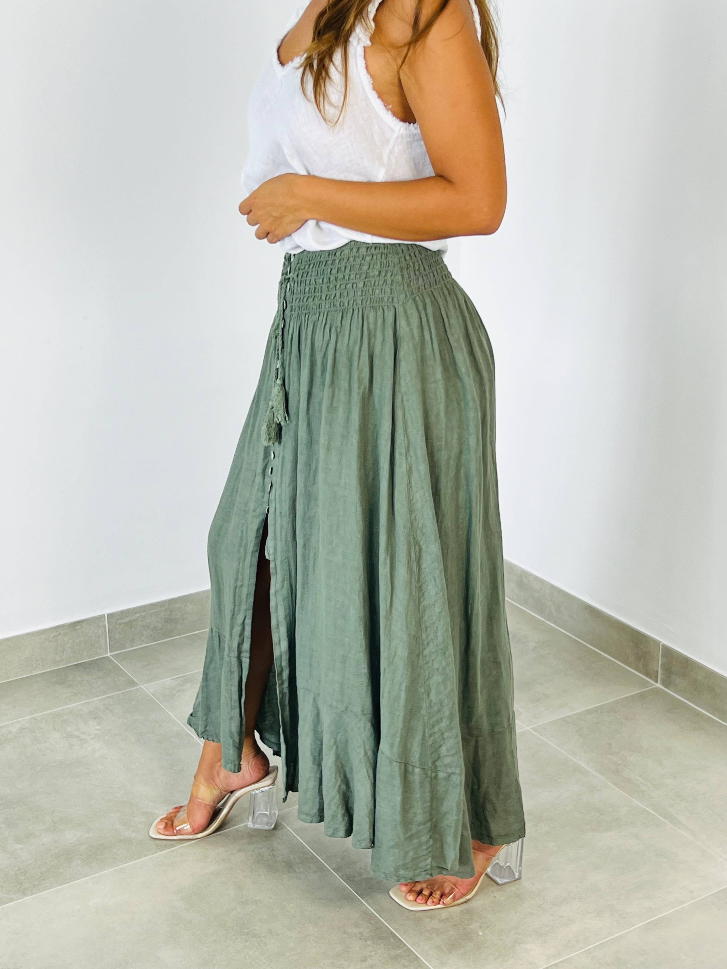 Ref-80129 LINEN SKIRT WITH BUTTONS, ELASTIC WAIST, 100% LINEN