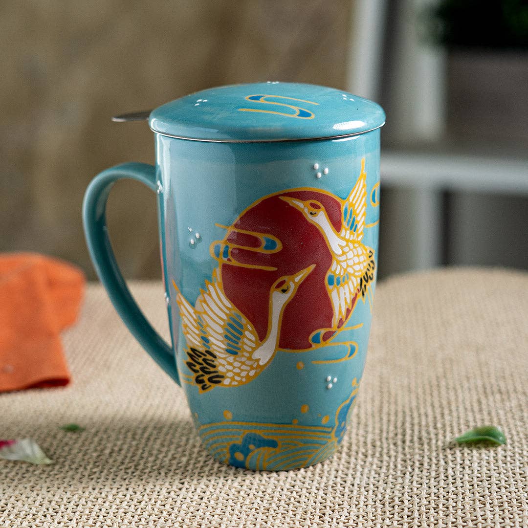 Japanese Crane Design 15oz Tea Mugs with Lid and Infuser for Loose Leaf Tea (4/32)