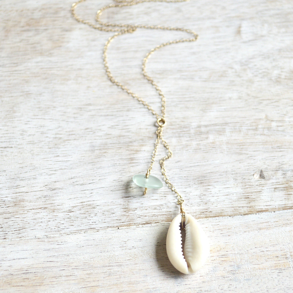 Cowrie Shell & Sea Foam Glass Necklace in Gold