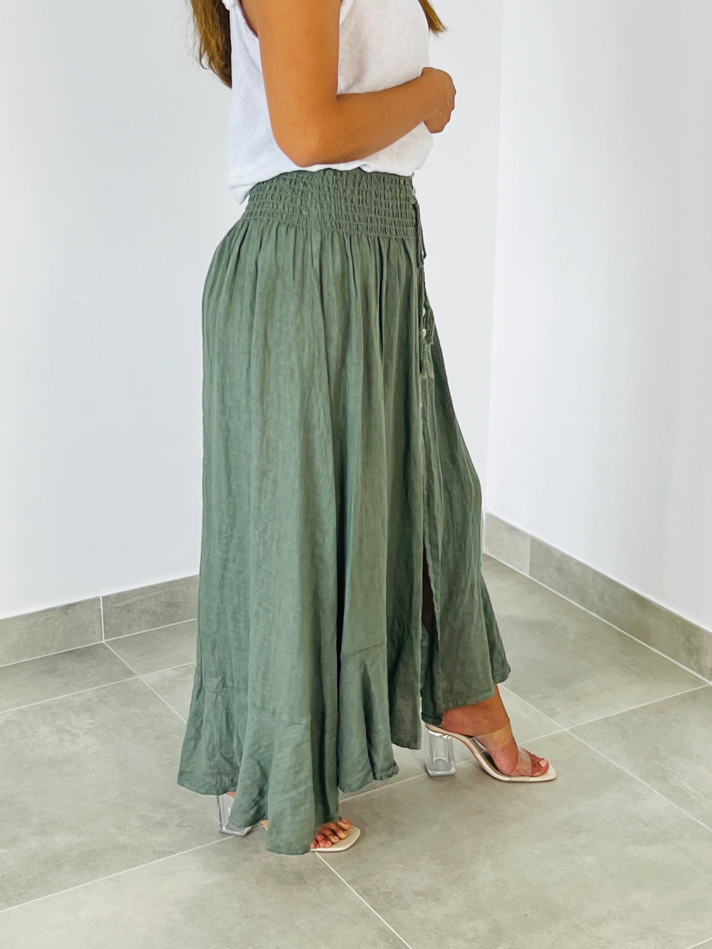 Ref-80129 LINEN SKIRT WITH BUTTONS, ELASTIC WAIST, 100% LINEN