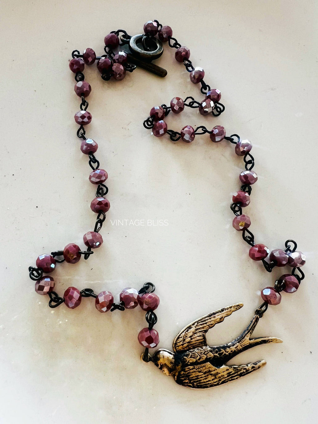 Fly Away Sparrow Brass Patina Beaded Chain Necklace