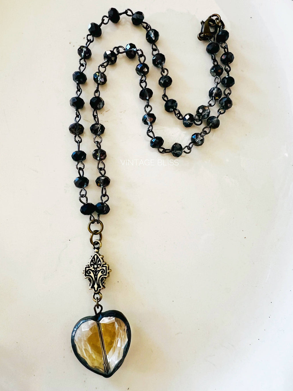 Soldered Topaz Crystal Filigree Glass Heart Necklace