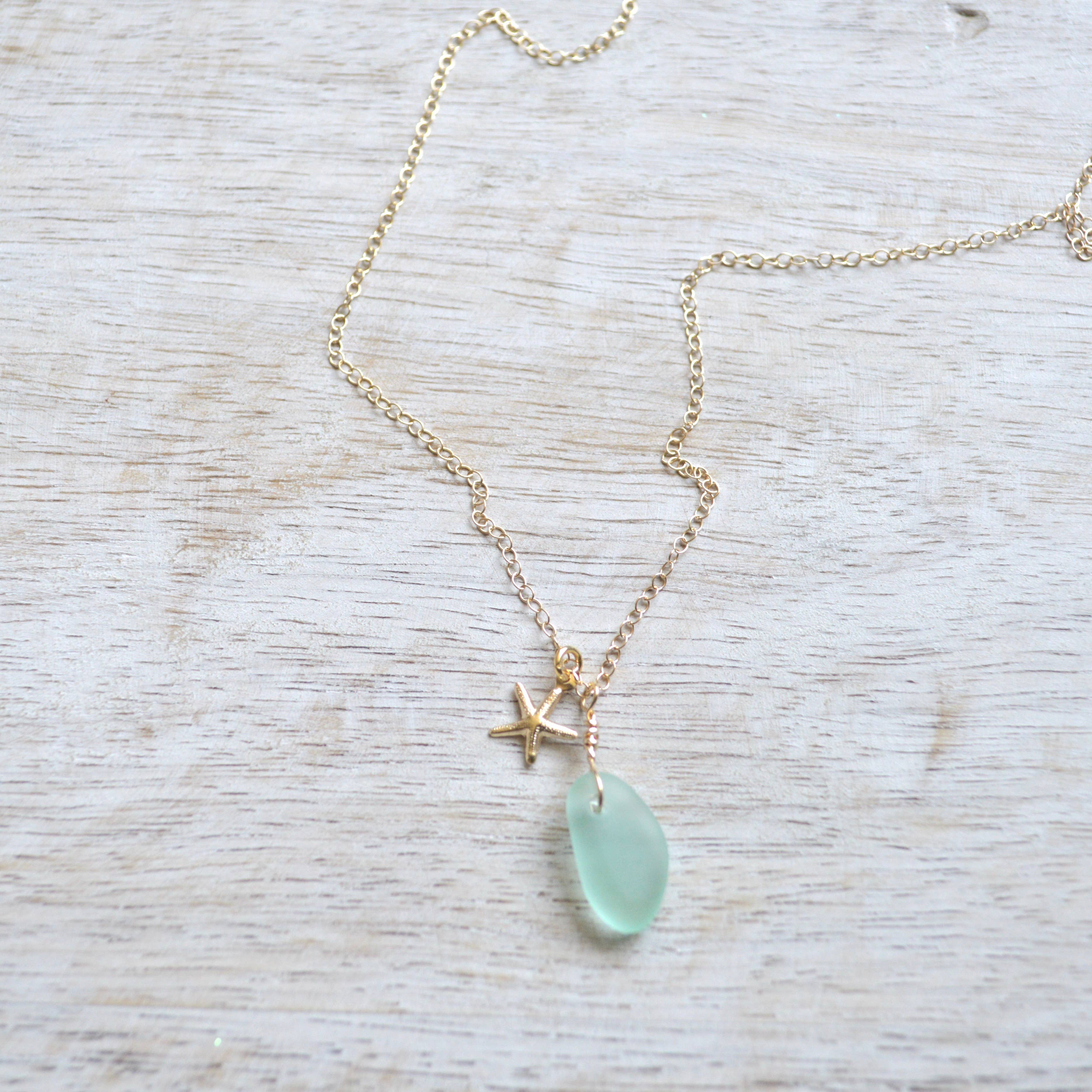 Tiny Frosted Glass & Starfish Necklace in Gold