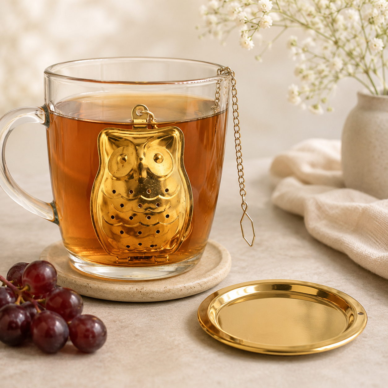Gold Owl Tea Infuser w/ Drip Tray | Stainless Steel Strainer