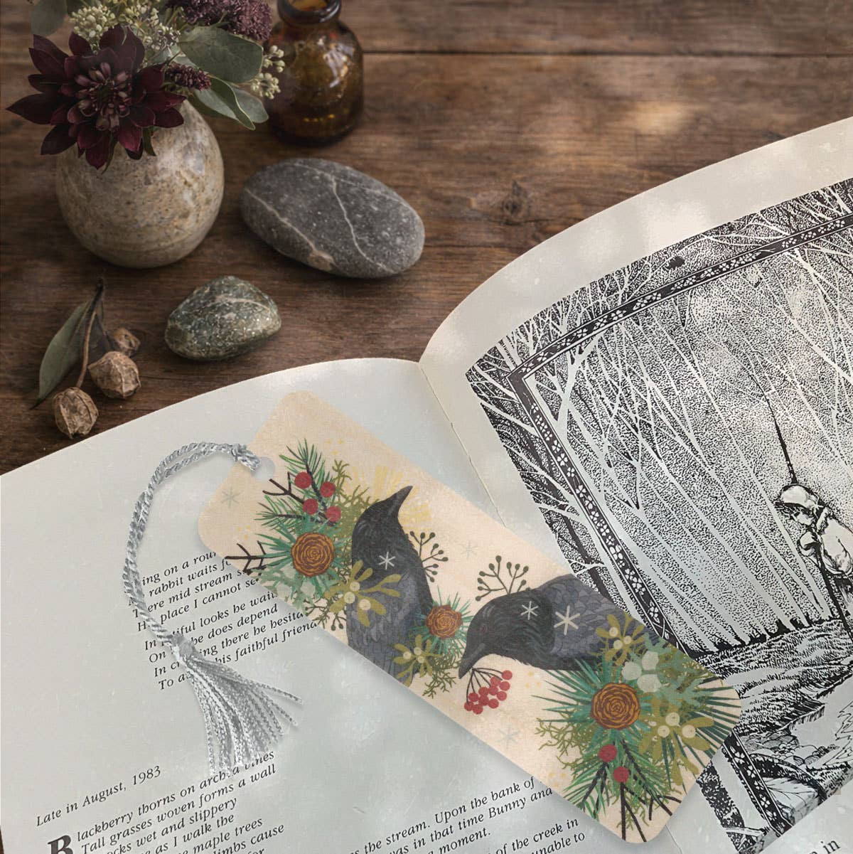 Winter Crow Wood Bookmark with Tassel