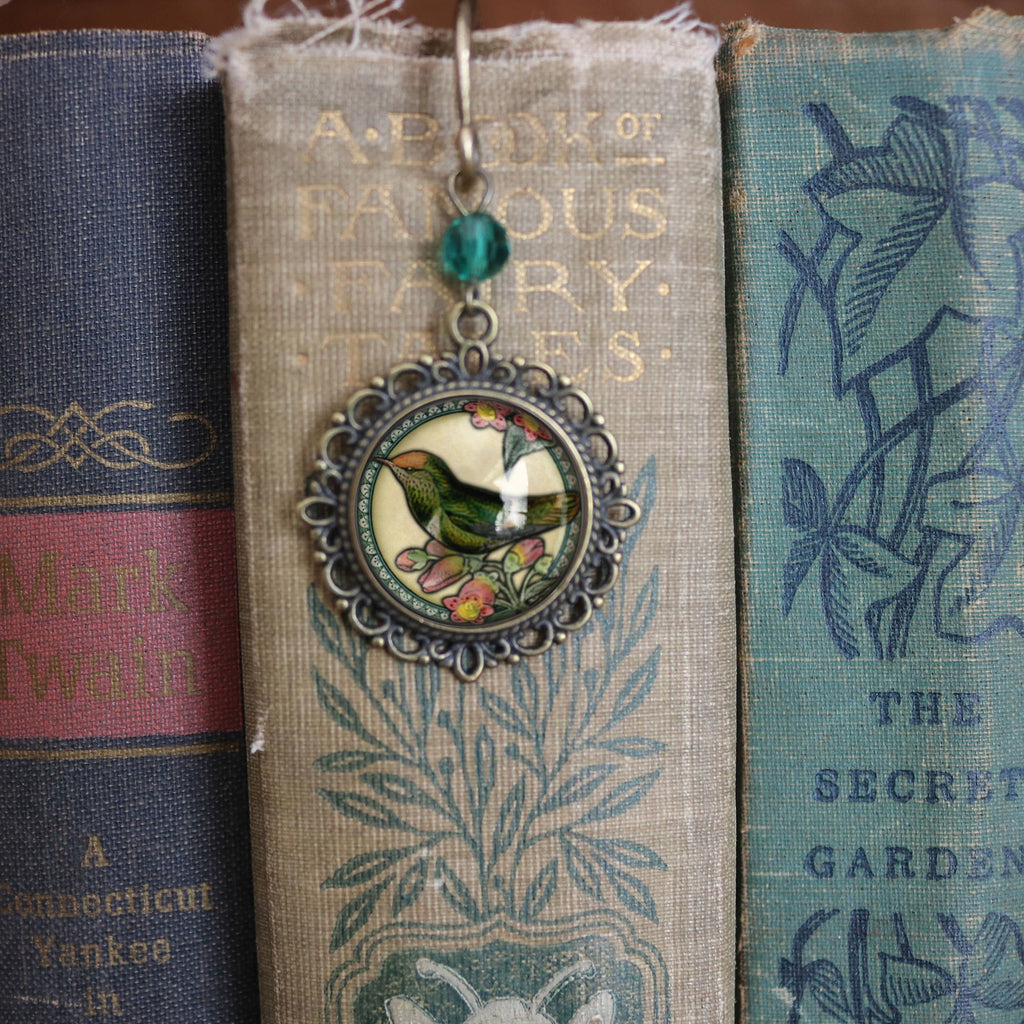 Hummingbird Vintage Inspired Glass Cabochon Bronze Bookmark