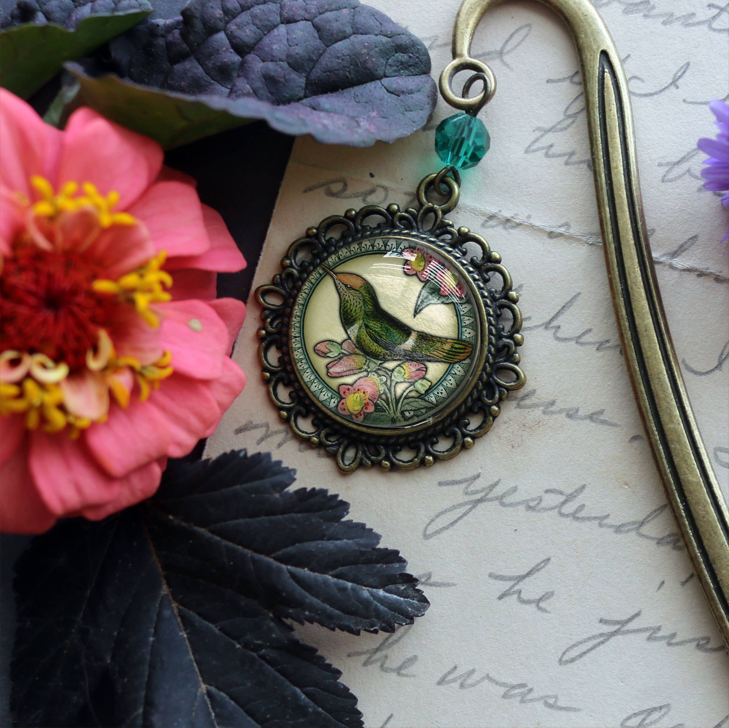 Hummingbird Vintage Inspired Glass Cabochon Bronze Bookmark