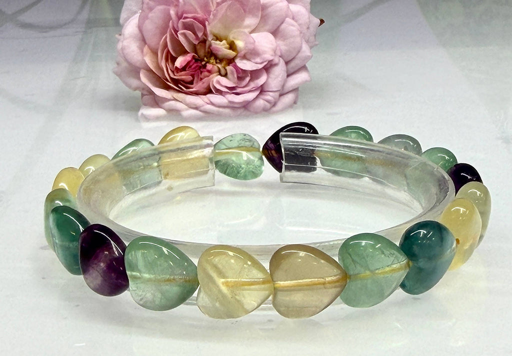 Natural Fluorite Heart Crystal Stretch Bracelet 7.5”