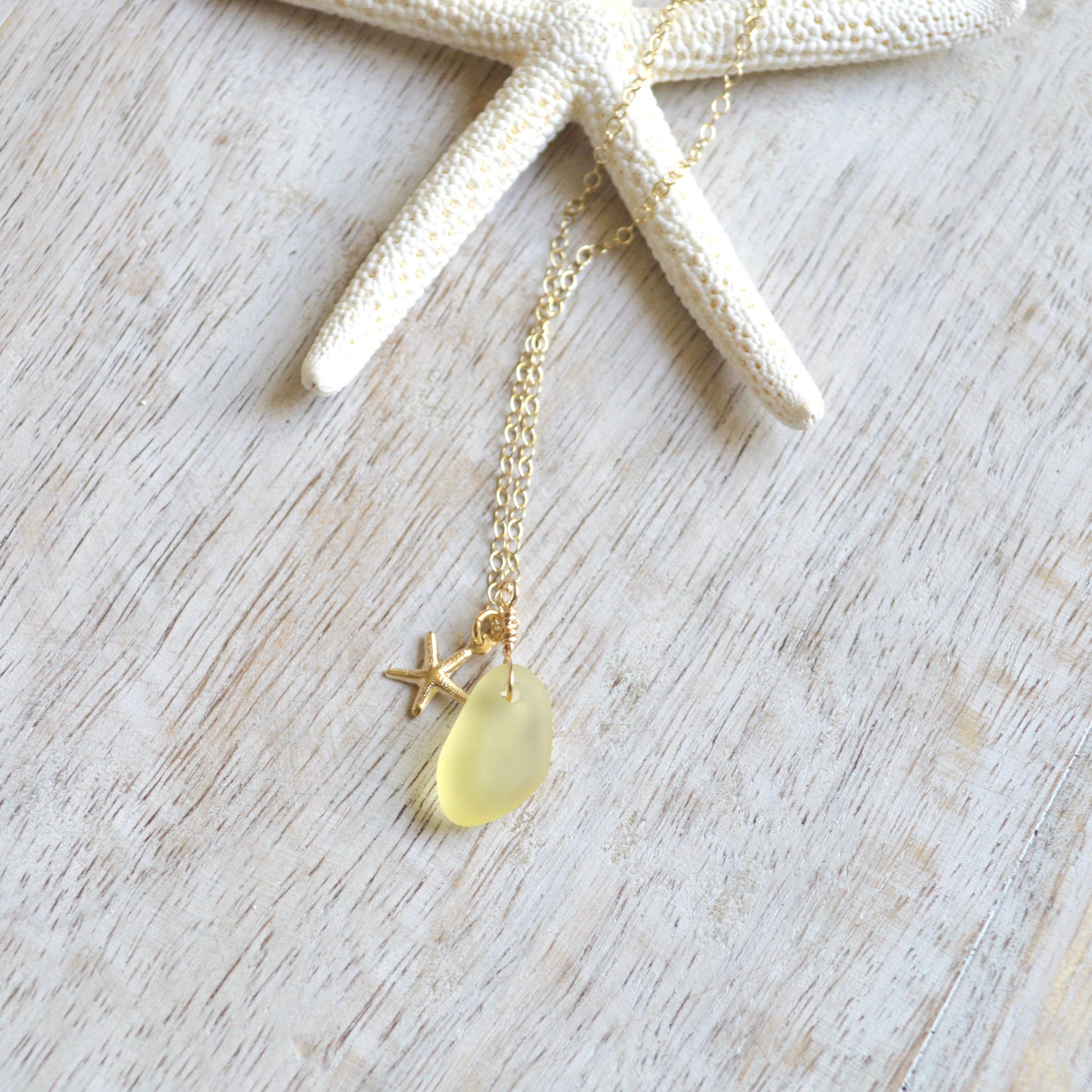 Tiny Frosted Glass & Starfish Necklace in Gold