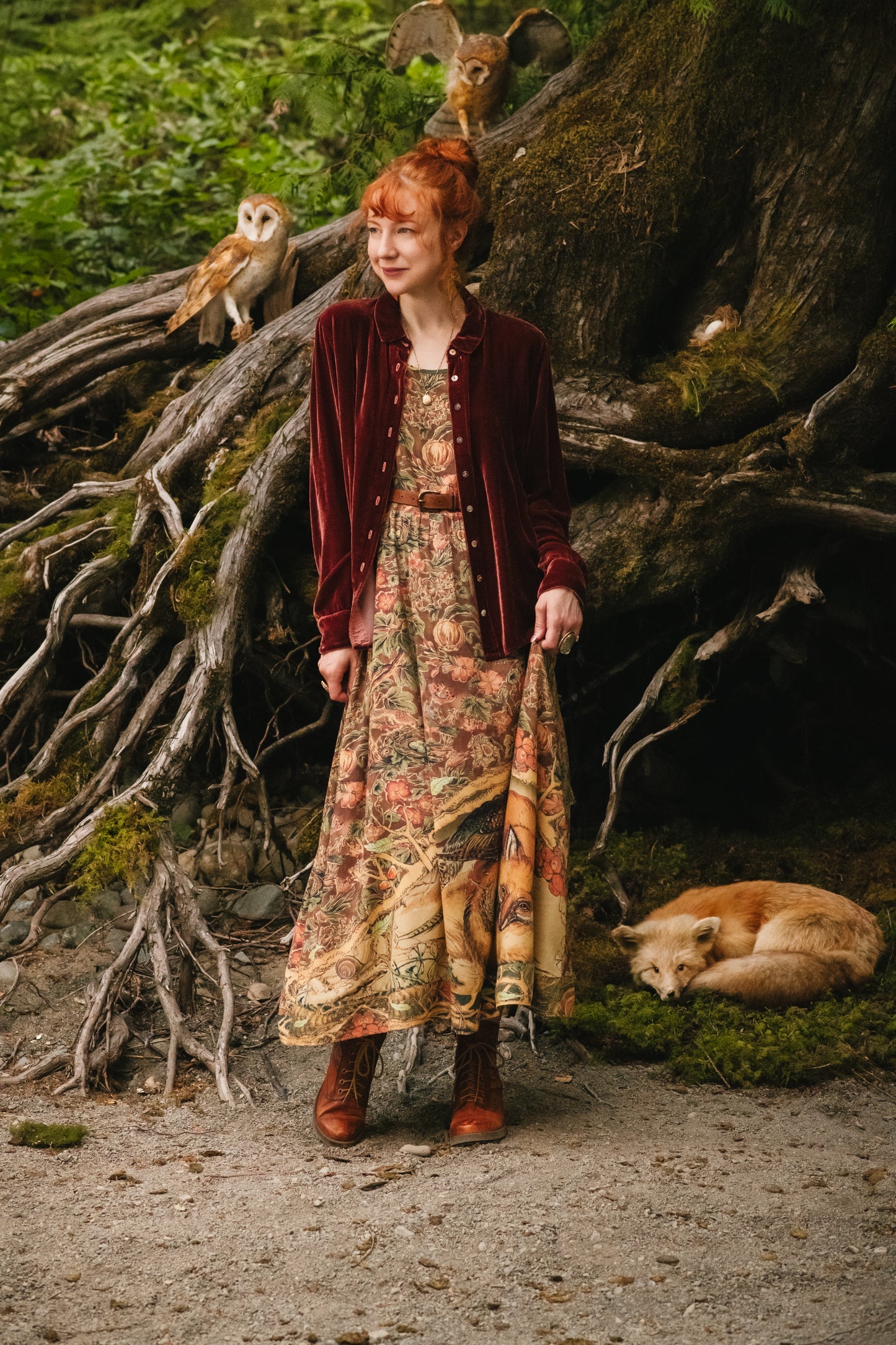 Woodland Wisdom Bohéme Slip Dress by Market of Stars. Woman in a nature-inspired dress amidst forest owls, fox, and tree roots.