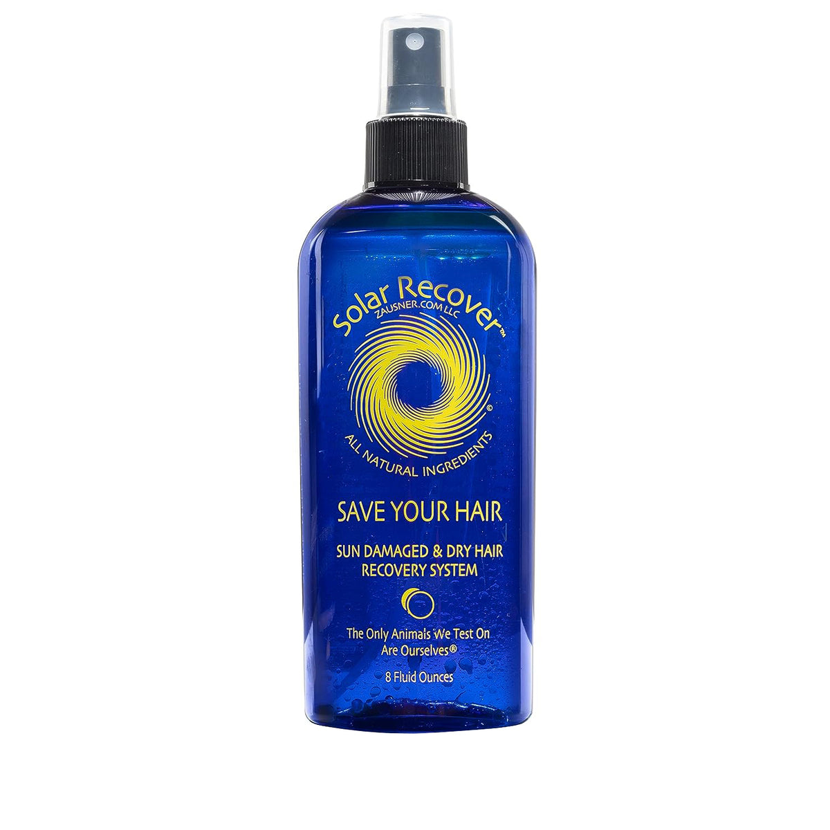 Solar Recover Save Your Hair spray, all-natural sun damaged & dry hair recovery system, 8 fl oz blue bottle.