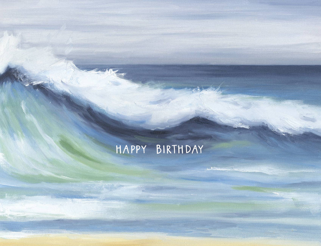 Happy Birthday Wave Card by Daydream Prints. Ocean wave painting with white foam, blue and green water, and sand. Birthday greeting.