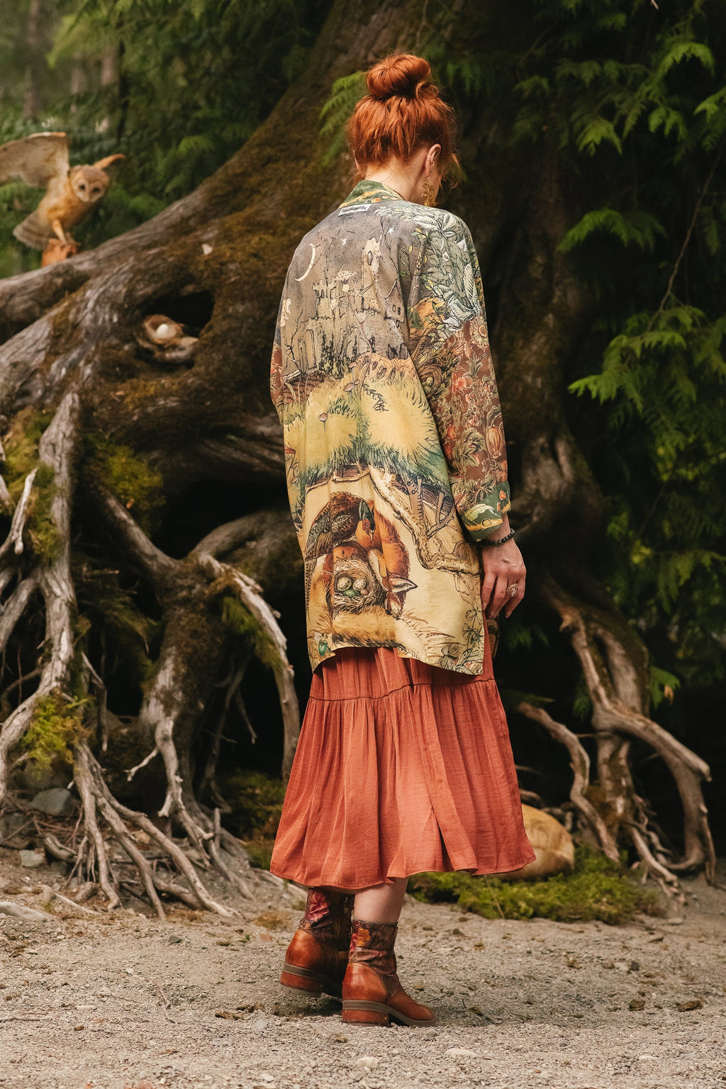 Woodland Wisdom Matinée Duster | Market of Stars, intricate forest print with owl and fox, worn with rust skirt & brown boots.