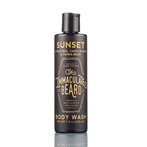 The Immaculate Beard Sunset Body Wash, black bottle, with citrus peel, vanilla hush & tonka bean scent.