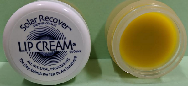 Solar Recover Lip Cream: A closed white 1/4 oz jar and an open clear jar showing the yellow all-natural cream.