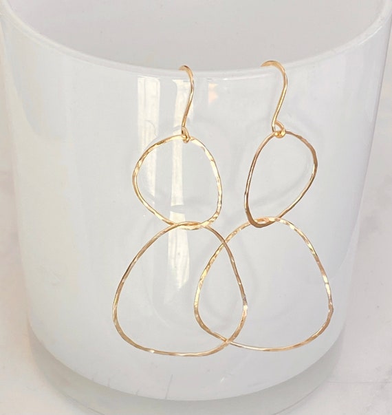 Pair of 14kt Gold Fill River Rock Earrings by bonnieboardman, with hammered irregular gold hoops.