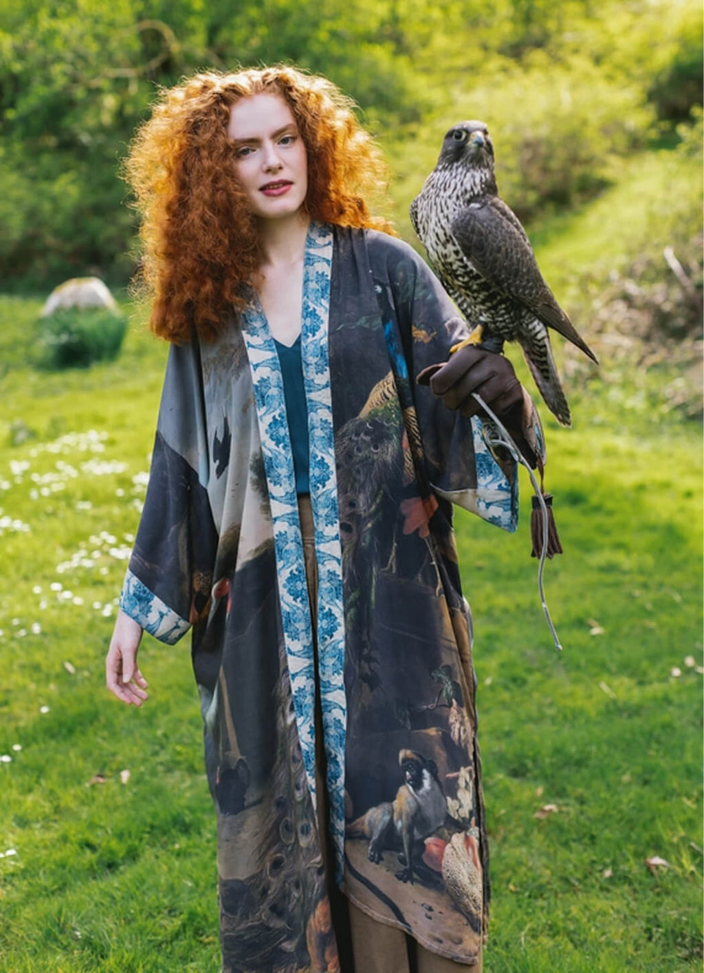 Wild Beauty Opera Duster | Market of Stars: Woman with red hair wearing the patterned duster, holding a falcon.