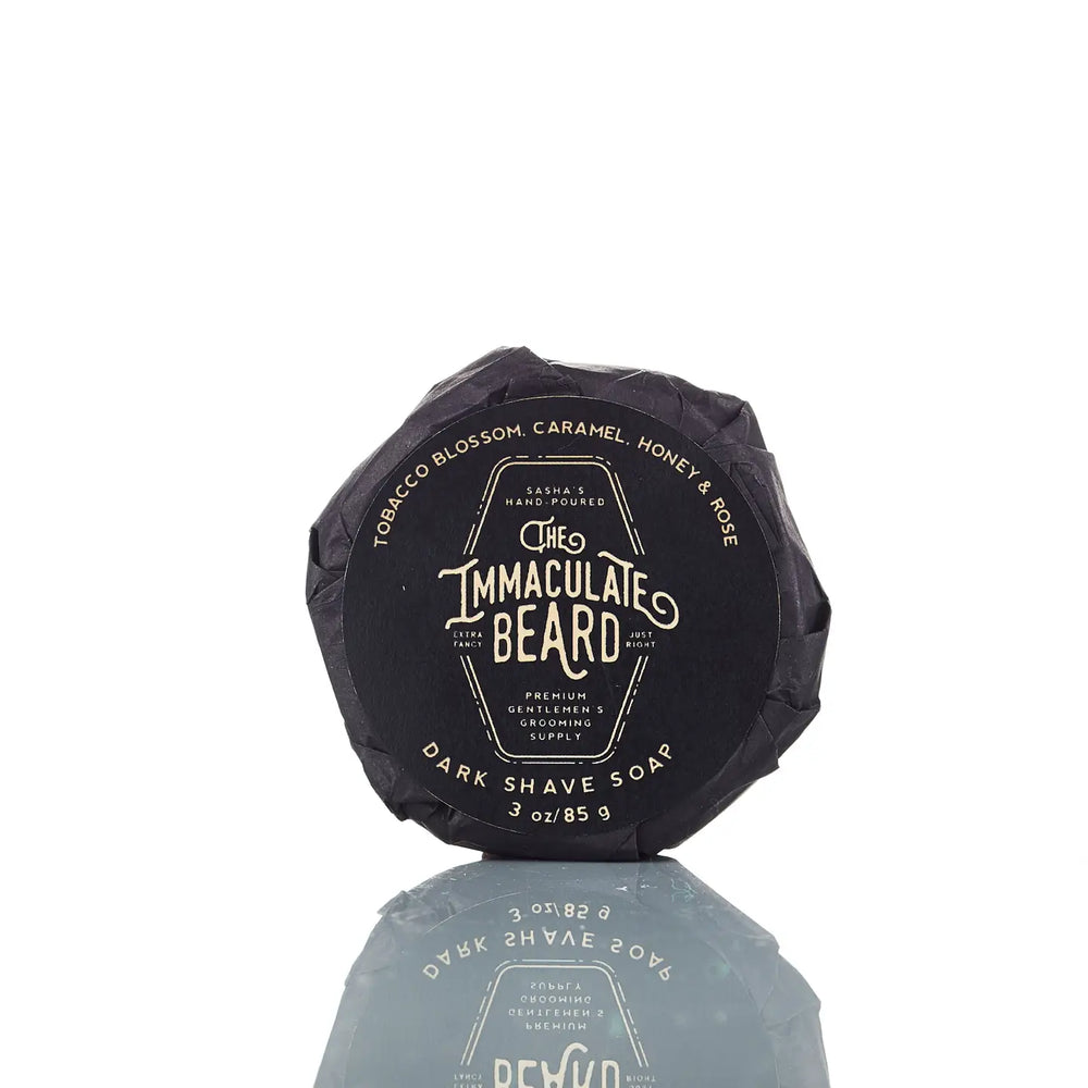 The Immaculate Beard Dark Shave Soap Puck with Tobacco Blossom, Caramel, Honey & Rose scent