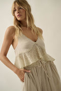 Natural Free Falling Babydoll Cami Top by Promesa with V-neck lace trim and ruffled peplum, paired with matching pants.