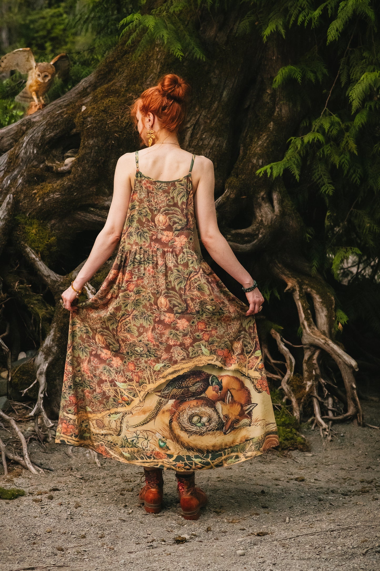 Woodland Wisdom Bohéme Slip Dress by Market of Stars, woman from behind in forest, fox and bird pattern, tree roots, owl