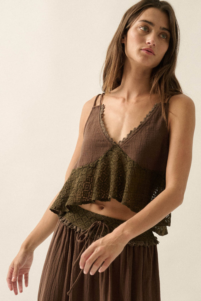 Woman wearing Promesa Free Falling Babydoll Cami Top in Chocolate, a two-tone brown and olive green crocheted top.