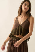 Woman wearing Promesa Free Falling Babydoll Cami Top in Chocolate, a two-tone brown and olive green crocheted top.