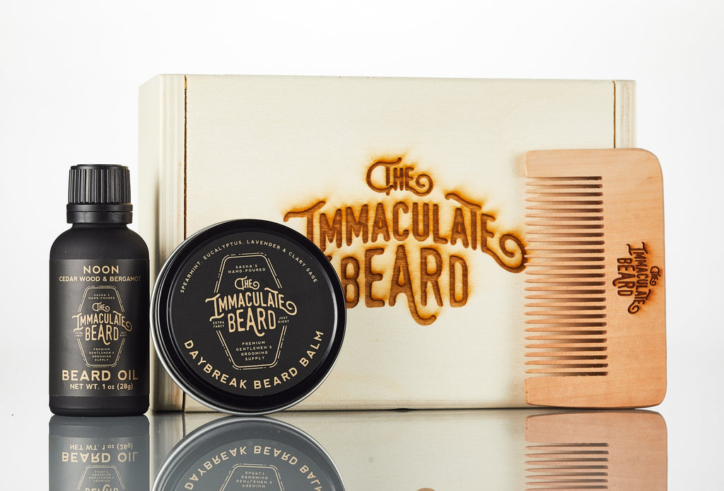 Wooden Beard Comb from The Immaculate Beard grooming set, featuring beard oil, balm, and a branded wooden storage box.