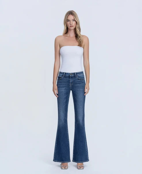 Low Rise Dark Wash Full Length Easy Flare Jeans